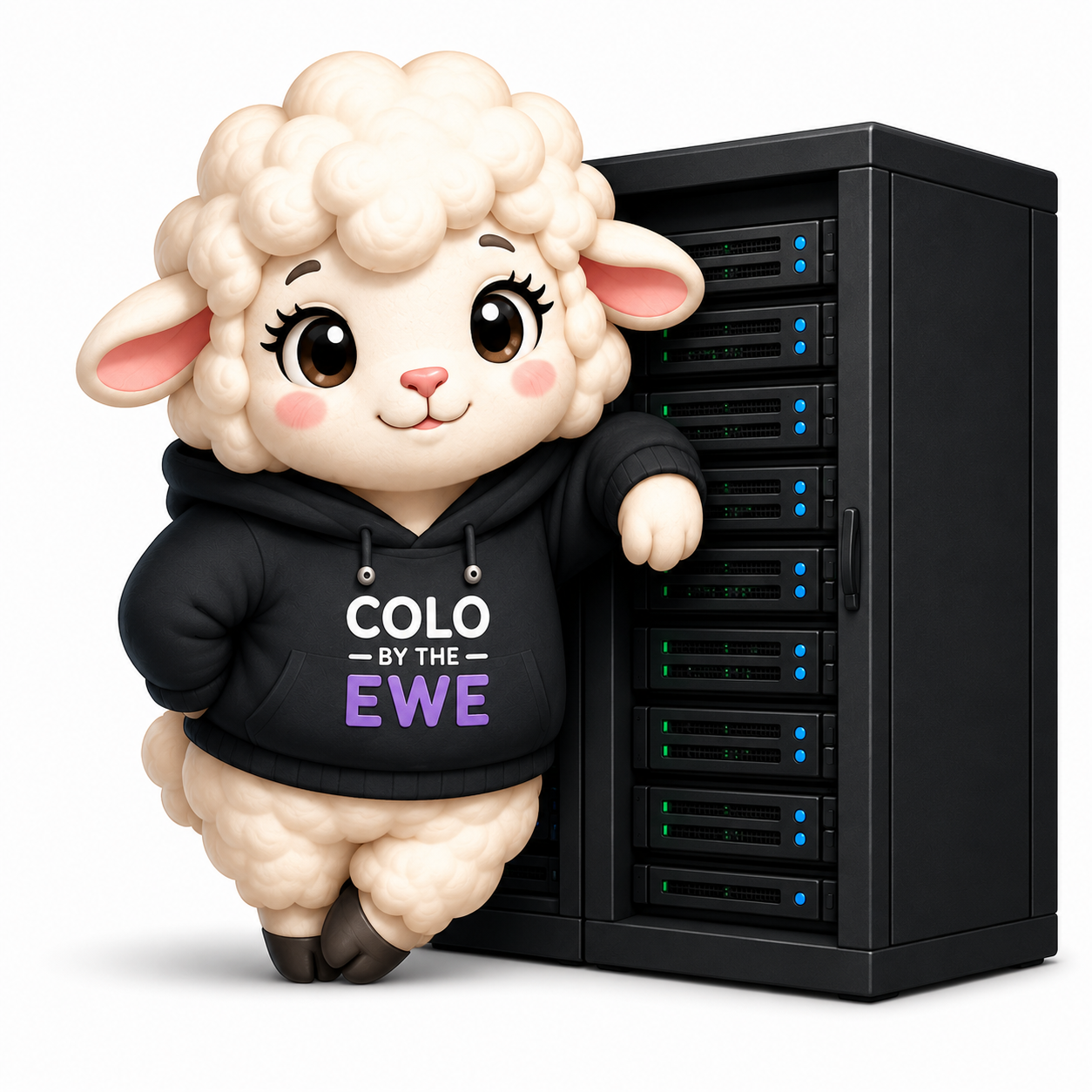 Ewe mascot leaning on a server rack