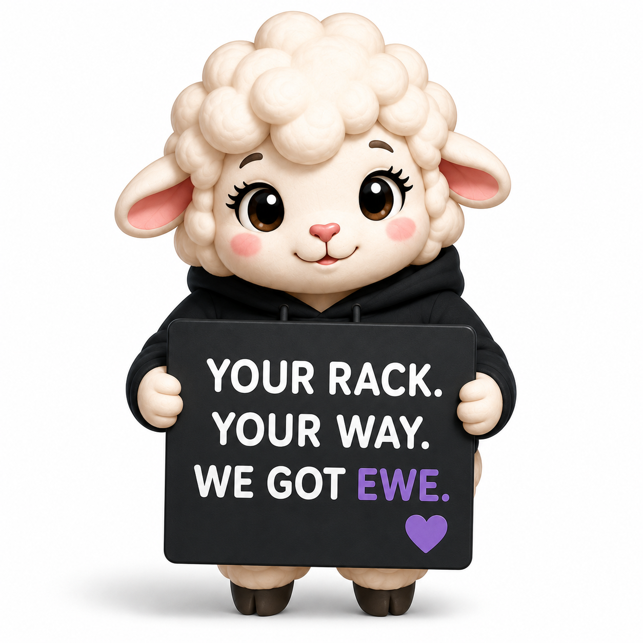 Ewe holding sign: Your Rack. Your Way. We Got Ewe.